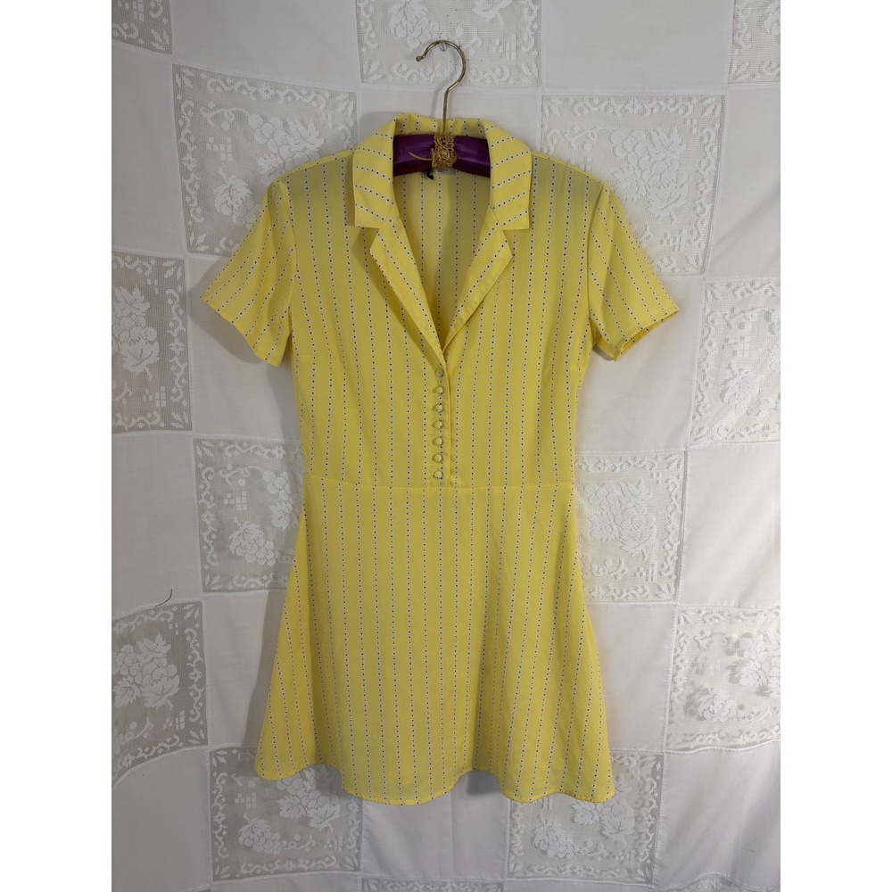 Yellow Micro Floral Short Sleeve Semi Sheer Preppy Mini Tennis Dress Size S